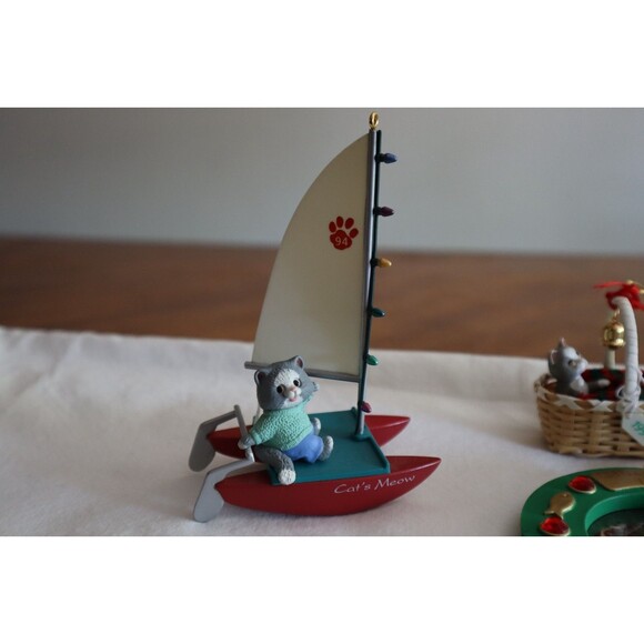 Lot Of 5 Hallmark Cat Kitty Feline Ornaments Picture Frame Sail Boat Basket - Picture 4 of 15